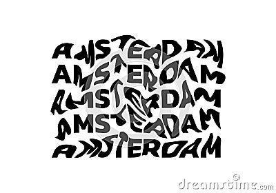 Amsterdam typography text or slogan with wavy letters. T-shirt graphic with ripple or glitch effect. Abstract print, banner. Vector Illustration
